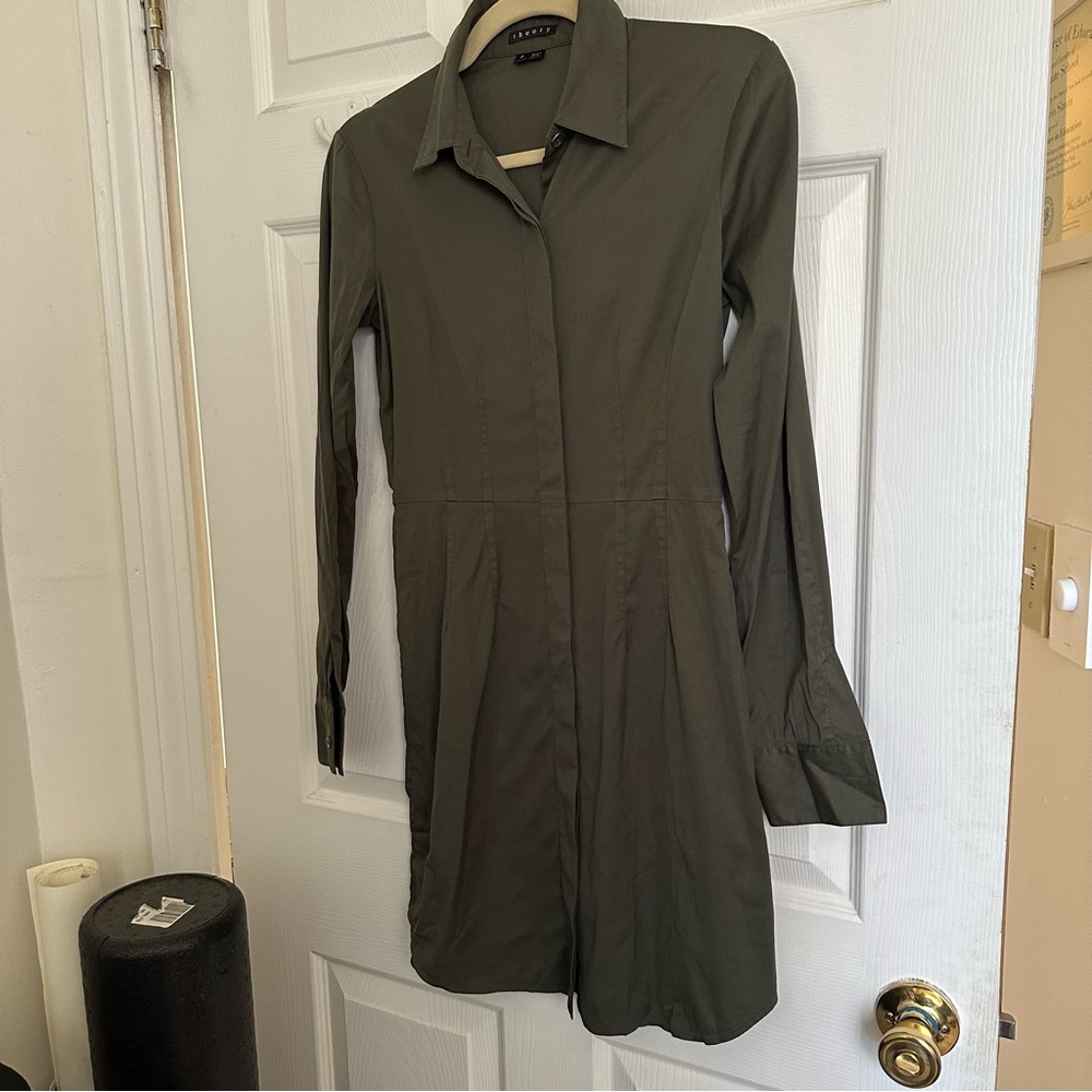 Theory - Silky Olive Button Down Dress